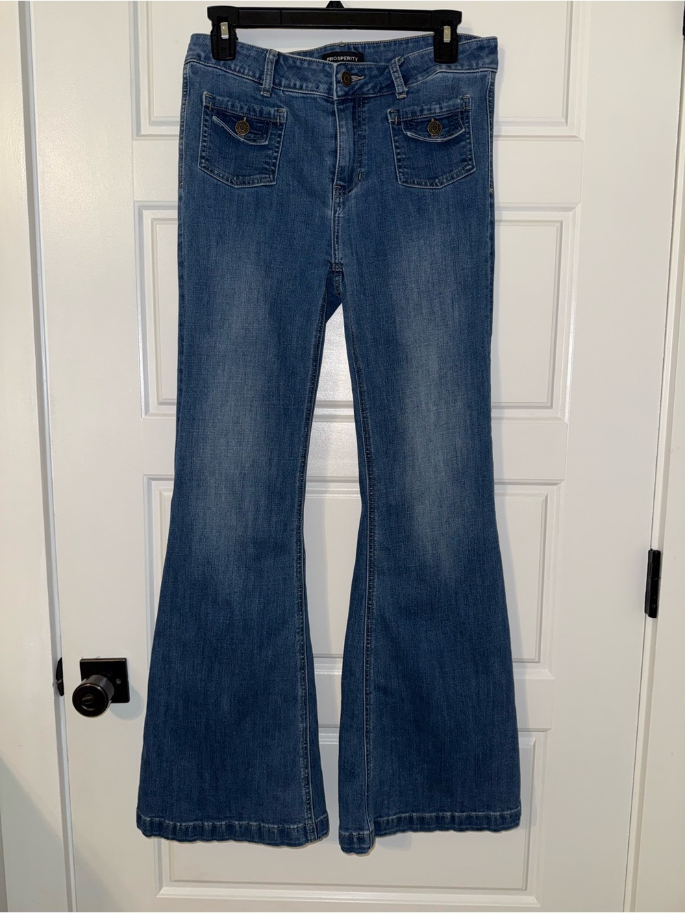 Women's Blue Flare Jeans with Front Patch Pockets